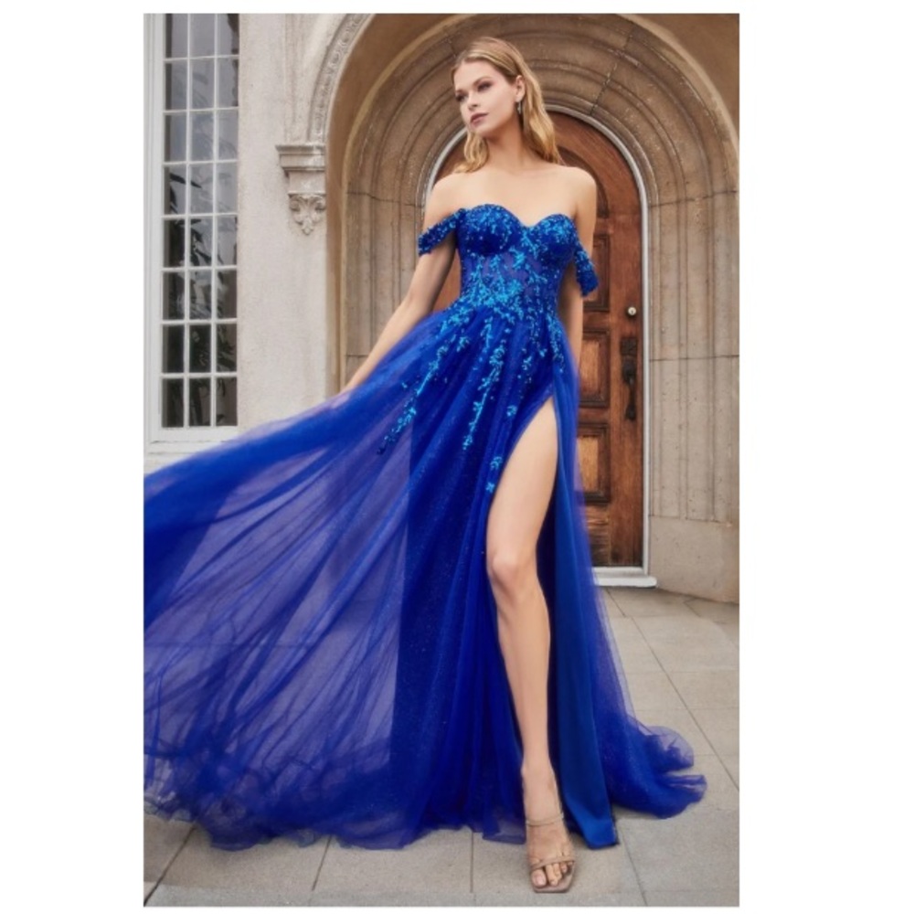 NWT Sparkly Blue Sequin Glitter Tulle Off-Shoulder Formal Prom Gala Gown